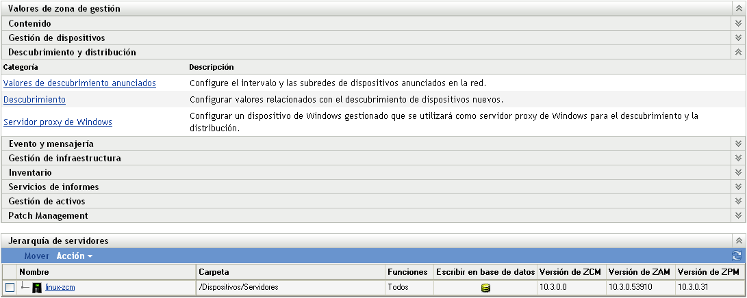 Pestaña Configuración > Panel Valores de zona de gestión