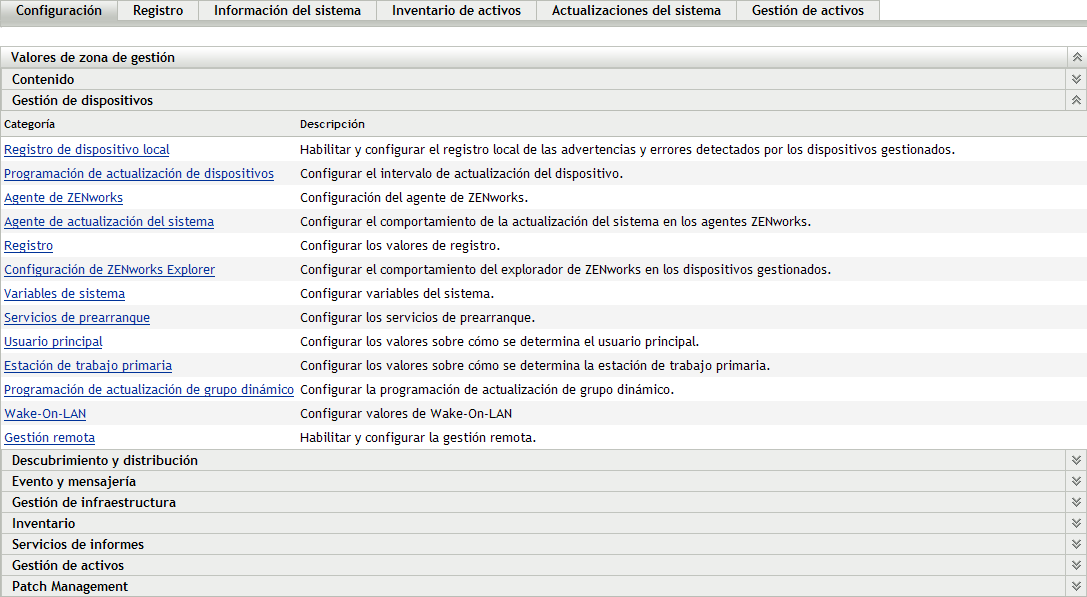 Pestaña Configuración > Panel Valores de zona de gestión