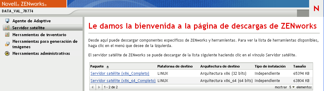 Página de descarga de ZENworks