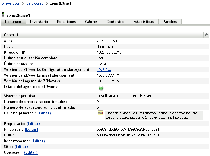 Detalles generales de un dispositivo gestionado