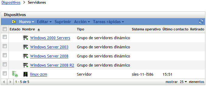 Lista de grupos de servidores clasificados en función de su sistema operativo