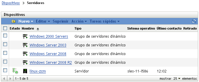 Lista de grupos de servidores