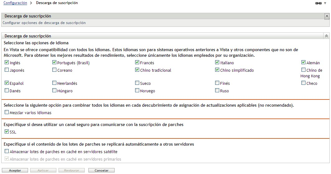 Página Opciones de descarga de suscripción