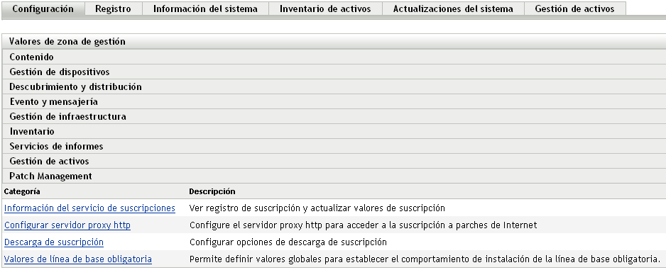 Opciones de configuración de Patch Management