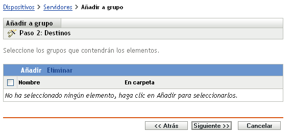 Asistente Añadir a grupo: página Destinos