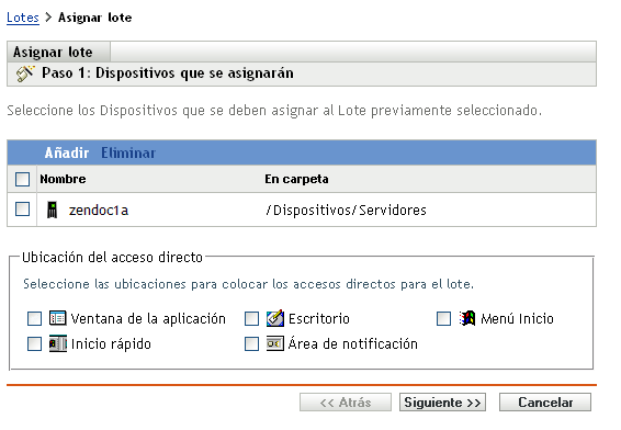 Asistente Asignar lote: página Dispositivos que se asignarán