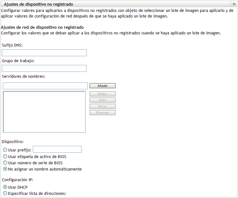 Panel Ajustes de dispositivo no registrado