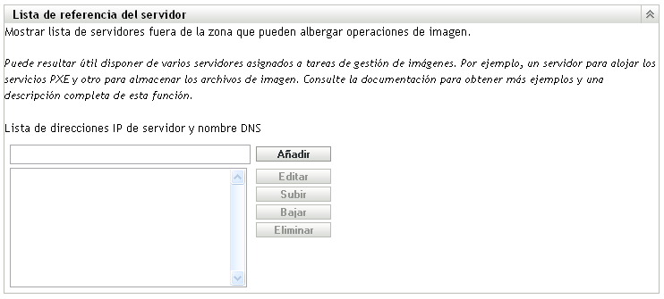 Panel Lista de referencia del servidor