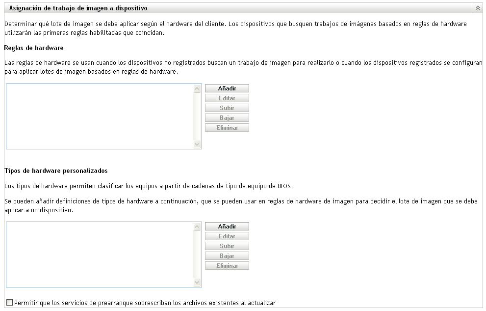 Panel Asignación de trabajo de imagen a dispositivo