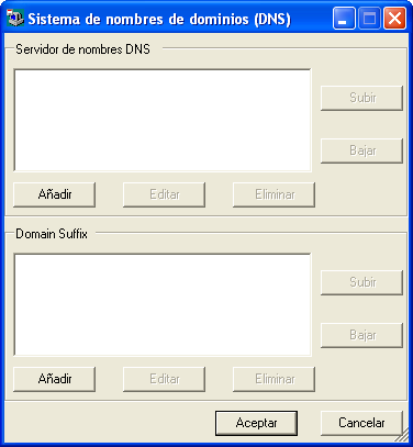 Recuadro de diálogo Sistema de nombres de dominios (DNS).