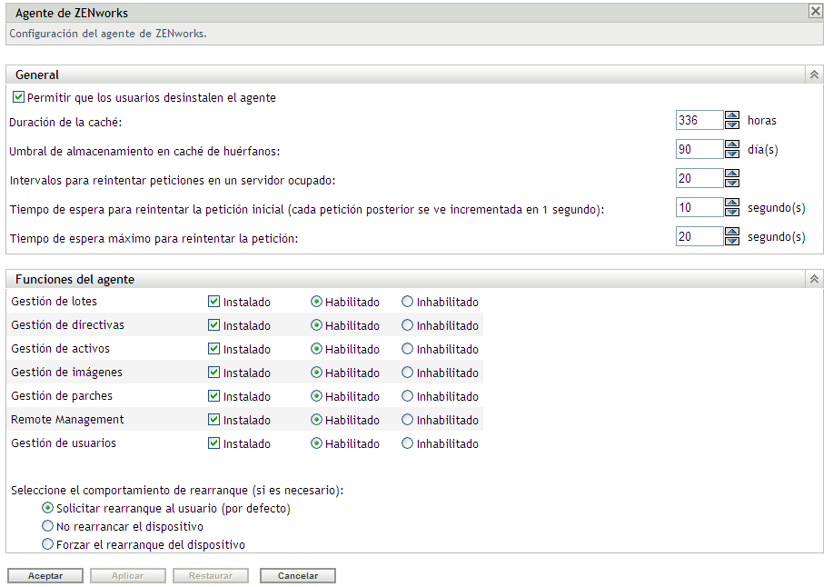 Página Agente de ZENworks > panel Funciones del agente