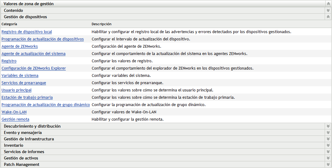 Panel Valores de zona de gestión