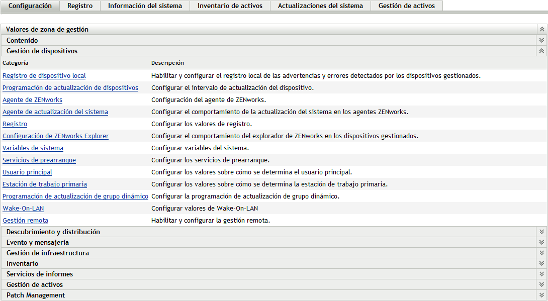 pestaña Configuración > panel Gestión de dispositivos