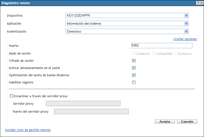 Recuadro de diálogo Diagnóstico remoto