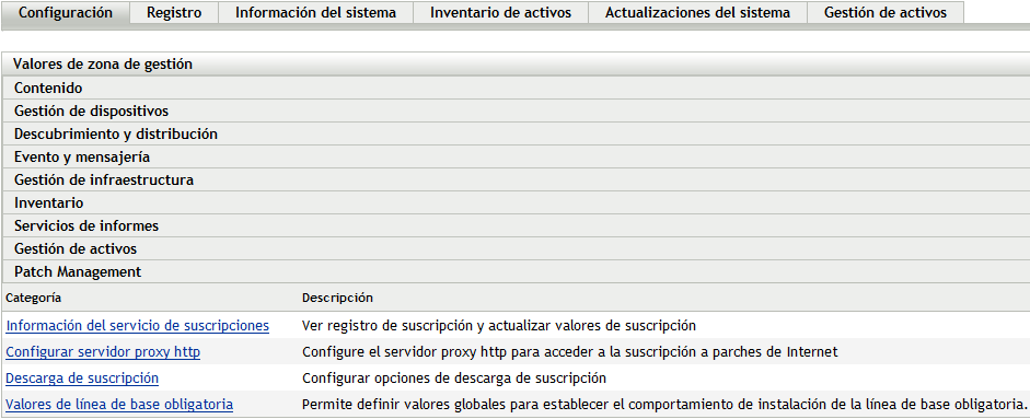 Pestaña Configuración, sección Patch Management