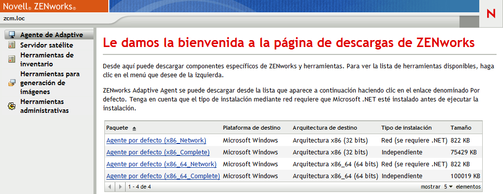 Página de descarga de ZENworks