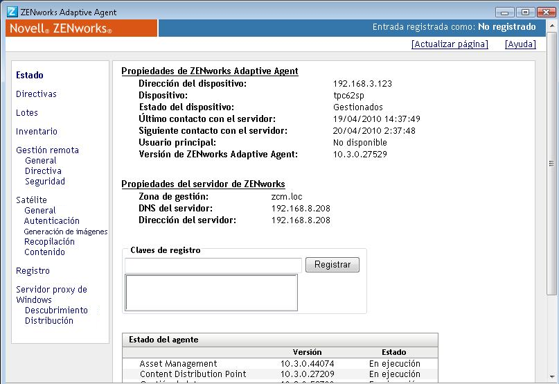 Propiedades de ZENworks Adaptive Agent