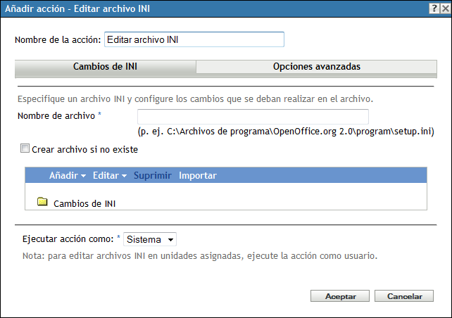 Recuadro de diálogo Editar archivo INI: página Cambios de INI