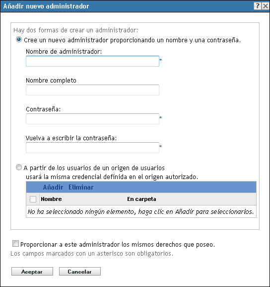 Recuadro de diálogo Añadir nuevo administrador