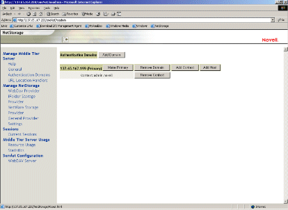 Imagen de la pgina Authentication Domains (Dominios de autenticacin) de la utilidad NSAdmin.