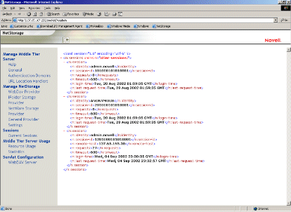 Imagen de la pgina Current Sessions (Sesiones actuales) de la utilidad NSAdmin.