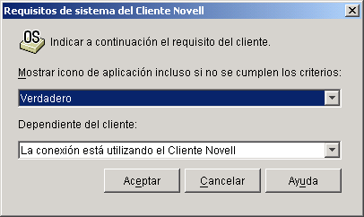 Recuadro de dilogo Requisitos de sistema del Cliente Novell