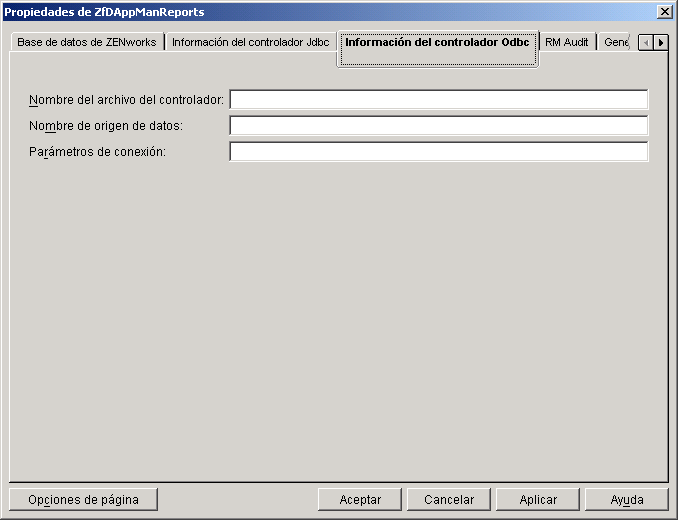 pgina Informacin del controlador Odbc