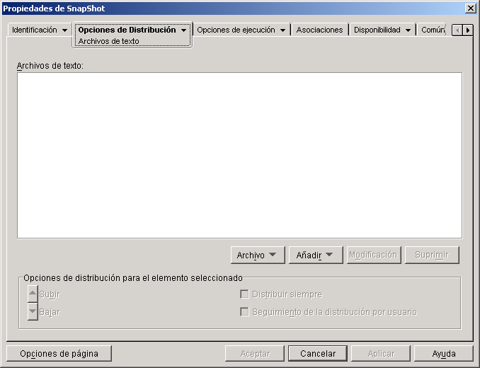 objeto Aplicacin > pestaa Opciones de Distribucin > pgina Archivos de texto