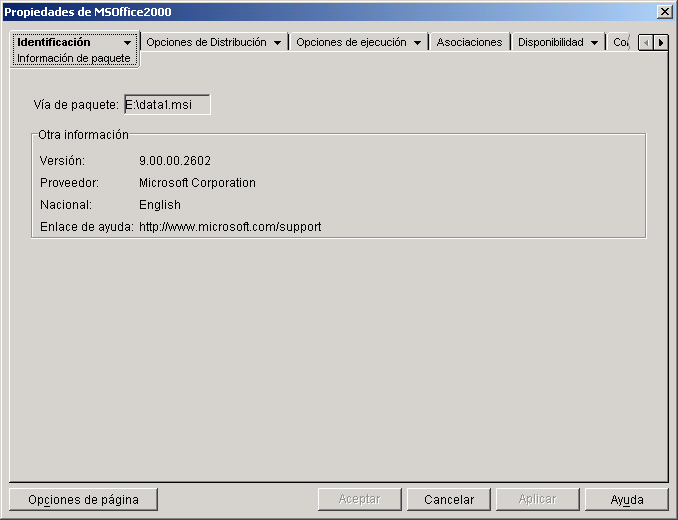 objeto Aplicacin > pestaa Identificacin > pgina Informacin de paquete
