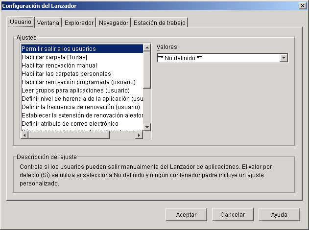 pgina Ajustes de la configuracin del Lanzador con la pestaa Usuario mostrada