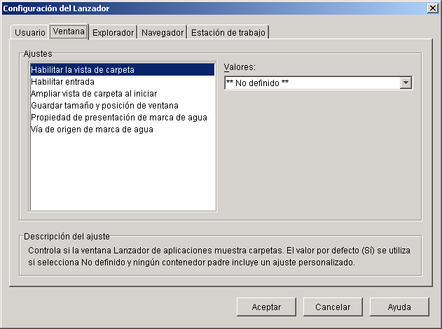 Recuadro de dilogo Configuracin del Lanzador en el que se ve la pestaa Ventana