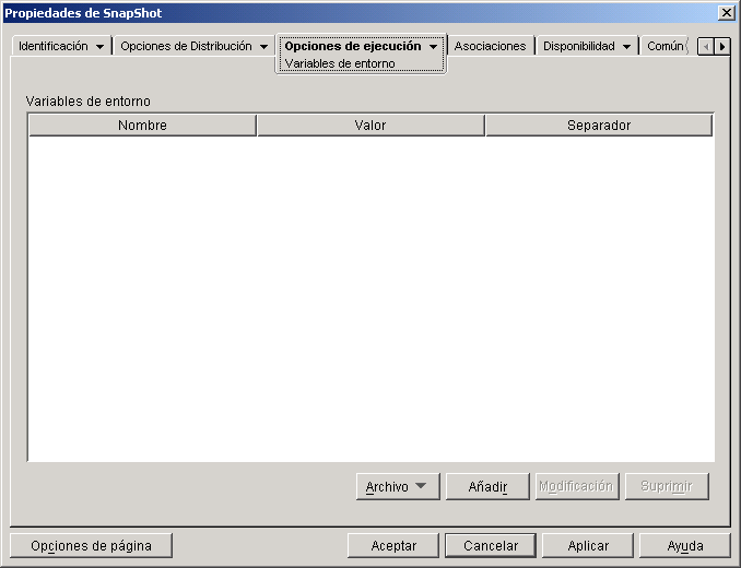 objeto Aplicacin > pestaa Opciones de ejecucin > pgina Variables de entorno