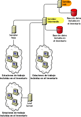 Servidor raz en el nivel superior, un servidor intermedio con base de datos en un nivel inferior conectado al servidor raz, y servidores hoja conectados al servidor intermedio con base de datos.