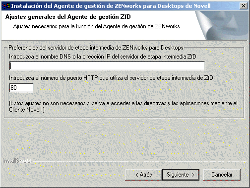 Captura de pantalla de la pgina Ajustes generales del programa de instalacin del Agente de gestin de ZfD.