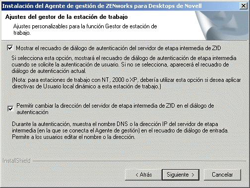 Captura de pantalla del dilogo de instalacin del Agente de gestin de ZfD denominado Ajustes del Gestor de la estacin de trabajo.