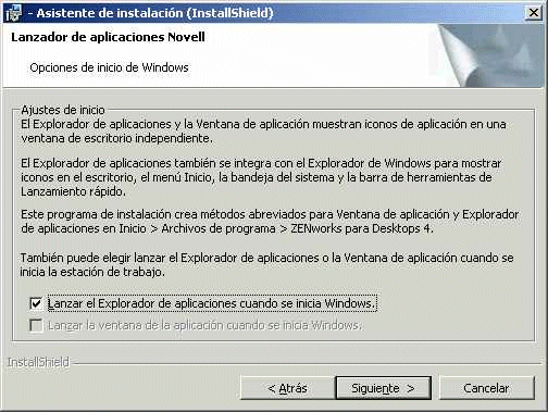 Captura de pantalla de la pgina Opciones de inicio de Windows en el programa de instalacin del Agente de gestin de ZfD.