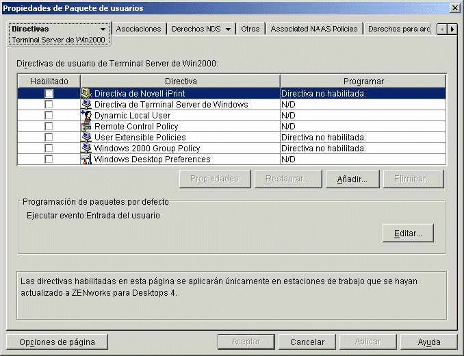 Pgina Directivas de Win2000 Terminal Server en un objeto Paquete de usuarios