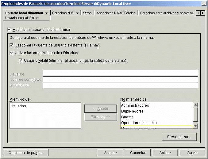 Pgina de propiedades de los usuarios locales dinmicos