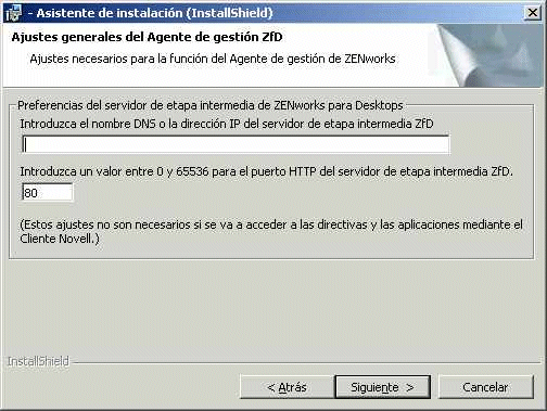 Pgina Ajustes generales del programa de instalacin del Agente de gestin de ZfD
