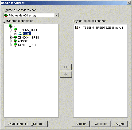 Captura de pantalla del recuadro de dilogo Aadir servidores con un servidor NetWare seleccionado.