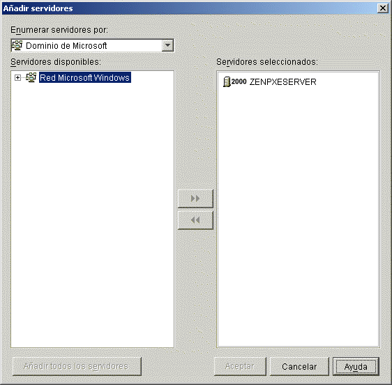 Captura de pantalla del recuadro de dilogo Aadir servidores con un dominio de Microsoft seleccionado.