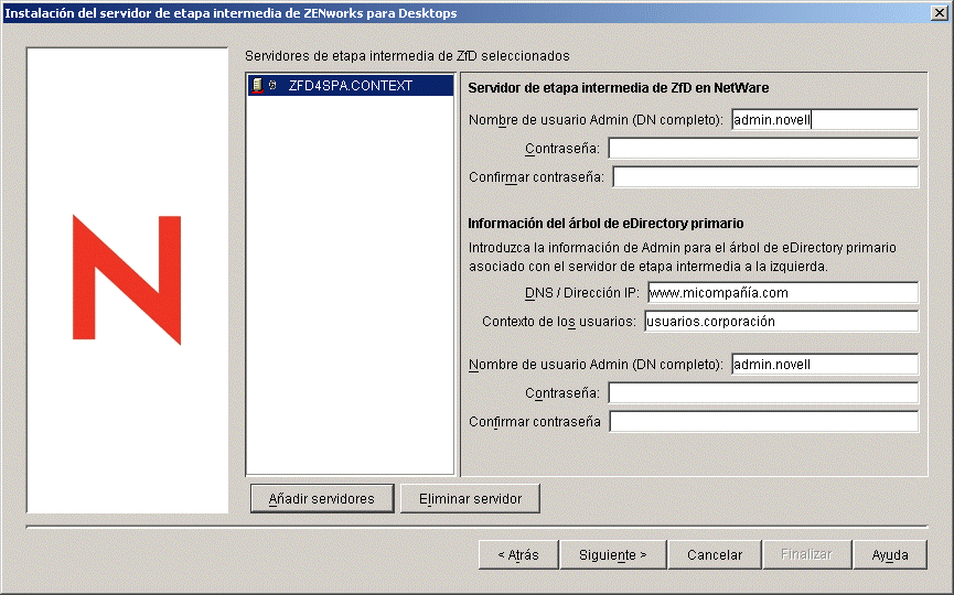 Captura de pantalla del recuadro de dilogo de instalacin del servidor de etapa intermedia de ZfD con campos del servidor NetWare en los que se debe introducir informacin.