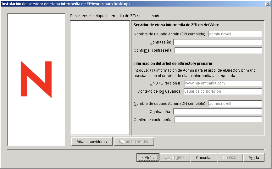 Captura de pantalla del recuadro de dilogo de instalacin del servidor de etapa intermedia de ZfD con campos de Windows 2000 en los que se debe introducir informacin.