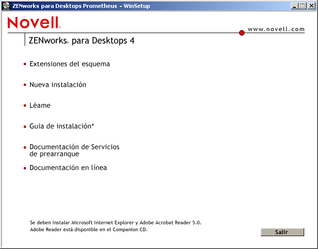 Captura de pantalla de la pgina de apertura del programa de instalacin de ZENworks para Desktops 4, en la que aparecen las opciones generales de instalacin.