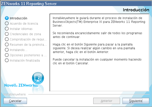 Asistente de ZENworks Reporting Server