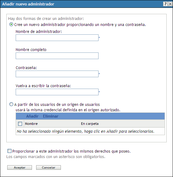 Recuadro de diálogo Añadir nuevo administrador