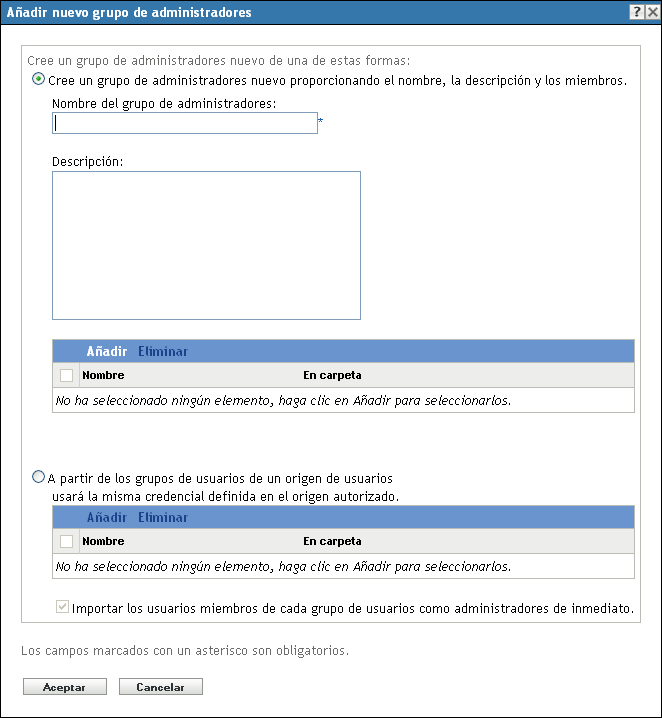 Recuadro de diálogo Añadir nuevo grupo de administradores