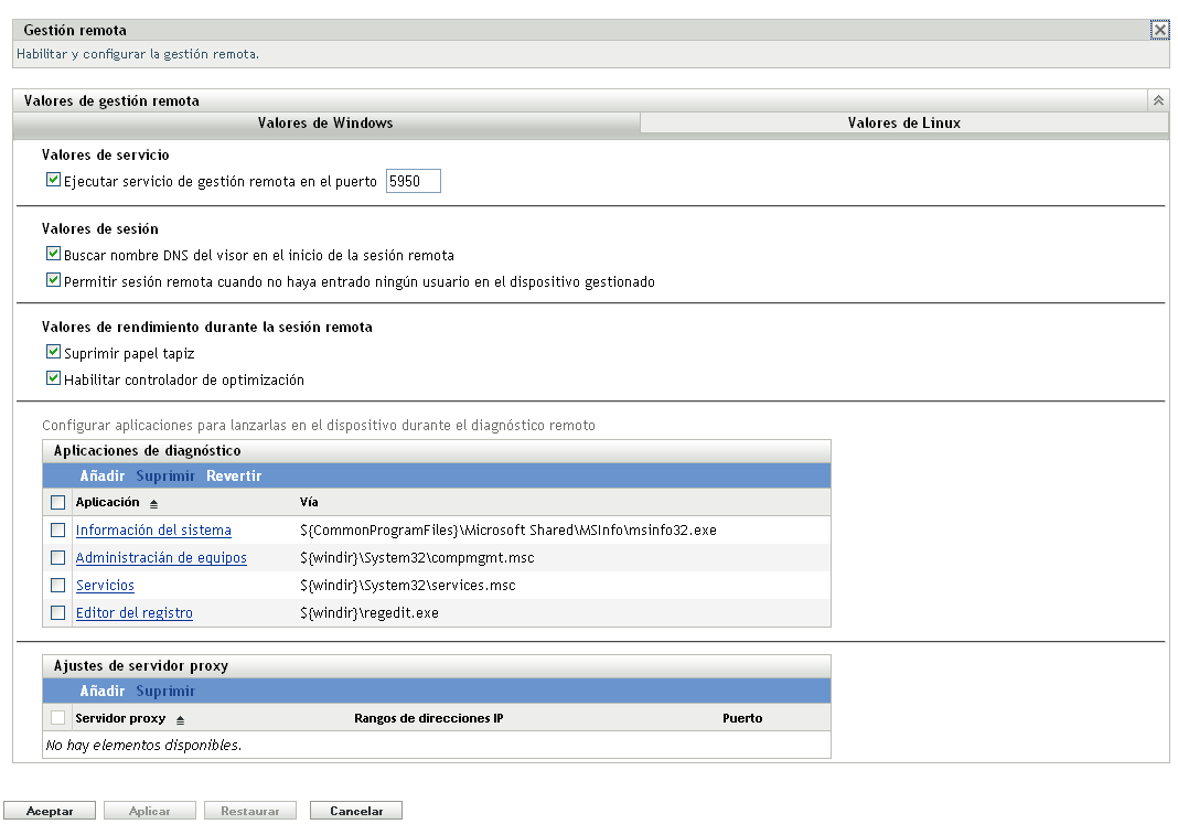 Página de configuración de gestión remota