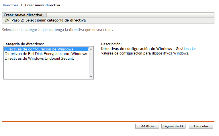 Página Seleccionar categoría de directivas del asistente Crear nueva directiva