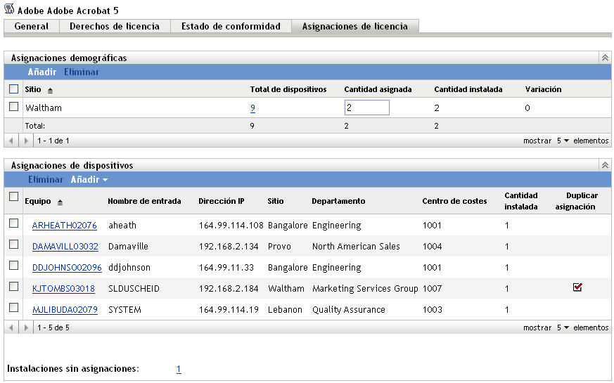 Página Asignaciones de licencia